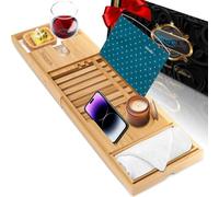 SereneLife Bamboo Bathtub Tray - Adjustable Caddy, Book & Tablet Holder, Removable Accessory Trays, Ergonomic Design, Wine Glass Slot, Relaxing Spa Gift for Home or Bathroom Use - Natural
