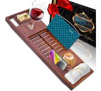 SereneLife Bamboo Bathtub Tray - Adjustable Caddy, Book & Tablet Holder, Removable Accessory Trays, Ergonomic Design, Wine Glass Slot, Relaxing Spa Gift for Home or Bathroom Use - Brown