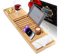 SereneLife Bamboo Bathtub Tray - Adjustable Caddy, Book & Tablet Holder, Removable Accessory Trays, Ergonomic Design, Wine Glass Slot, Relaxing Spa Gift for Home or Bathroom Use - Natural