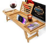 SereneLife Bamboo Bed & Bath Tray - Foldable Breakfast Table with Backrest, Expandable Tray for Tub or Sofa, Wine Glass & Tablet Holder, Relaxation Gift for Spa, Home, or Bedroom
