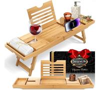 Bath Caddy Breakfast Tray Combo with Gift Box - Natural Bamboo Wood Waterproof Bath Tub Caddy and Bed Tray with Folding Slide-Out Arms, Device Grooves, Wine Glass and Soap Holder