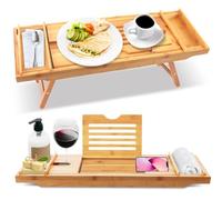SereneLife Bath Caddy Breakfast Food Tray Table Combo, Extendable Waterproof Natural Bamboo Wood Tub and Bed Tray Rack w/Folding Slide-Out Arms, Device Grooves, Wine Glass Soap Holder