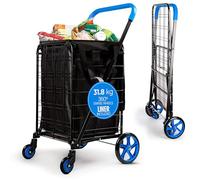 SereneLife Compact Foldable Shopping Trolley with Removable Liner - 45 x 53 x 93cm Collapsible Shopping Cart, 32kg Capacity, Waterproof Bag, 360° Swivel Wheels - Blue