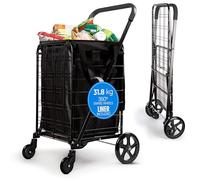 SereneLife Compact Foldable Shopping Trolley with Removable Liner - 45 x 53 x 93cm Collapsible Shopping Cart, 32kg Capacity, Waterproof Bag, 360° Swivel Wheels - Black