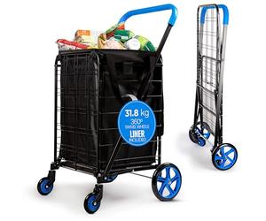SereneLife Compact Foldable Shopping Trolley with Removable Liner - 45 x 53 x 93cm Collapsible Shopping Cart, 32kg Capacity, Waterproof Bag, 360° Swivel Wheels - Blue