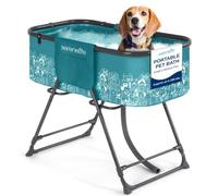 SereneLife Dog Bath, Raised & Foldable Bathtub with 3-Point Harness, Drain & Side Pockets, Ideal for Travel, Balcony & Home, for Pets up to 59 kg