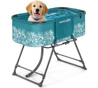 SereneLife Foldable Dog Bath Tub with Adjustable Height, 360° Access, Drain Hose & Storage Pockets - 130 lb Capacity Grooming Station for Indoor/Outdoor Use (Blue)