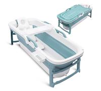 SereneLife Freestanding Portable Bathtub Spa Set - Large 59" Foldable Bath, Cushion, Stretchable Drain Pipe, Massager Rollers, Cleaning Spray & Storage Bag, Blue