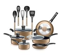 SereneLife Kitchenware Pots & Pans Basic Kitchen Cookware, Black Non-Stick Coating Inside, Heat Resistant Lacquer (15-Piece Set), One Size, Gold