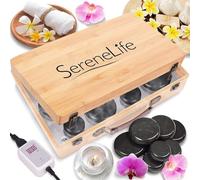 SereneLife Massage Stone Heater Box Set-Electric Spa Portable Heated Rocks Massage Stones and Warmer Set - Heat Rock Massaging Kit 12 Large/Small Black Stone Set w/Bamboo Heating Case PSLMSGST65.5