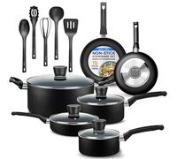 SereneLife Nonstick Pots and Pans 15-Piece, Non Stick Cookware with Black Coating, Heat-Resistant Lacquer, Stainless Steel Cooking Pan, Kitchen Cookwares, 20-26cm Sizes, Black