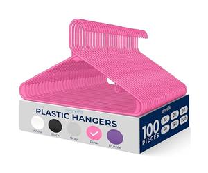SereneLife Plastic Hangers 100 pcs, Non-Slip Heavy Duty Clothes Hanger Set with 360° Swivel Hook, Smooth Finish to Protect Fabric, Lightweight, Ultra-Thin Hangers for Coats and Other Clothes (Pink)