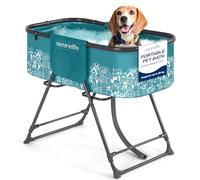 SereneLife Portable Dog Bath Tub, Foldable Grooming Dog Washing Station, Large Puppy Bath with Adjustable Height, Drain Hose & Storage Pockets, 59Kg Capacity for Indoor/Outdoor Use (Blue)