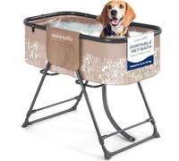 SereneLife Portable Dog Bath Tub, Foldable Grooming Dog Washing Station, Large Puppy Bath with Adjustable Height, Drain Hose & Storage Pockets, 59Kg Capacity for Indoor/Outdoor Use (Brown)