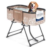 SereneLife Portable Dog Bath Tub, Foldable Grooming Dog Washing Station, Large Puppy Bath with Adjustable Height, Drain Hose & Storage Pockets, 59Kg Capacity for Indoor/Outdoor Use (Brown)