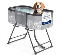 SereneLife Portable Dog Bath Tub, Foldable Grooming Dog Washing Station, Large Puppy Bath with Adjustable Height, Drain Hose & Storage Pockets, 59Kg Capacity for Indoor/Outdoor Use (Gray)