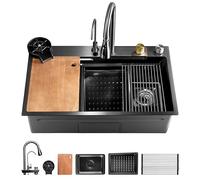 SereneLife Stainless Steel Kitchen Sink | Durable Kitchen Sink Includes Drain Rack, Strainer Basket, Basin Tray, Cutting Board & Cup Washer | Sleek & Stylish | 29.5" L x 18" W x 8.66" H in | Black