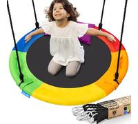 SereneLife Tree Swing Seat, Large Round Saucer Kids Swings, Adults and Kids Nest Swing, Durable Frame, 318kg Capacity, Indoor Outdoor Hanging Rope Swinging Seat for Backyard, Garden and More - Rainbow