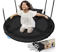 SereneLife Tree Swing Seat, Large Round Saucer Kids Swings, Adults and Kids Nest Swing, Durable Frame, 318kg Capacity, Indoor Outdoor Hanging Rope Swinging Seat for Backyard, Garden and More - Black