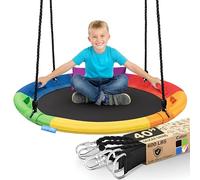 SereneLife Tree Swing Seat, Large Round Saucer Kids Swings, Adults and Kids Nest Swing, Durable Frame, 318kg Capacity, Indoor Outdoor Hanging Rope Swinging Seat for Backyard, Garden and More - Rainbow
