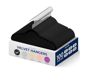 SereneLife Velvet Hangers, Heavy Duty Coat Hangers for Clothes, Non-Slip & Space-Saving, with 360° Swivel Hook, Ultra-Thin, Strong & Stylish, 100 Pack, (Black)