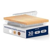 SereneLife Wooden Pants Hangers, 30-Pack Hangers with Adjustable Clips and Anti-Rust Swivel Hook, Space-Saving Pant Organizer for Closet, Ideal for Jeans, Slacks, Shorts, Trousers, Skirts (Natural)