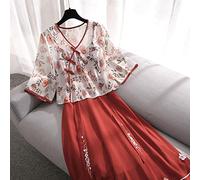 SERENEPEAK Modern Hanfu Tops and Skirt Women Chinese Red Hanfu Summer Plus Size Ancient Chinese Dress Set Chiffon(4-top and Dress,4XL)