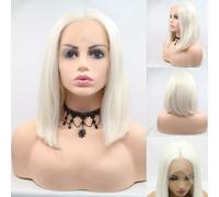 SERENEWIG 13x3" Hand-tied 60# Blonde Bob Wigs Lace Front Ice White Short Bob Wigs for White Women Cosplay Party Daily Use Synthetic Heat Resistant Fiber Hair 14" 250g Blonde Straight Neck Length Bob