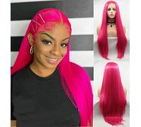 SereneWig 24" Bright Pink Wig Long Straight Synthetic Lace Front Wigs for Women Hot Red Pink Half Hand Tied Heat Resistant Fiber Wigs Middle Part Daily Wear Cosplay Wigs Drag Queen