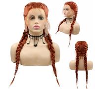SereneWig 24" Copper Red Double Braids Wig 2xTwist Braided Wig with Baby Hair Around Hairline Long Dark Orange Natural Color Synthetic Lace Front Wigs for Women Natural Daily Party Wear Braided Wigs