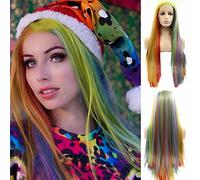 SereneWig 24" Long Straight 8 Colors Rainbow Mermaid Synthetic Lace Front Wigs for Women Streak Orange Red Purple Blue Gray Green Yellow Colorful Lace Wigs Cosplay Party Christmas Wigs Heat Safe
