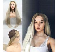 SereneWig 24" Long Straight Blonde Ombre Synthetic Lace Front Wigs for Women Daily Cosplay Use Golden Blonde Ombre with Brown Roots Heat Resistant Fiber Hair Replacement Party Wedding Wigs Side Parted