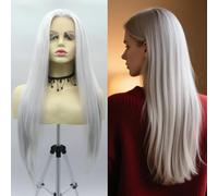 SERENEWIG Light Gray Synthetic Lace Front Wigs Pre-Plucked 13x3" 26inch Long Straight Silver Grey Ready to Wear Beginner Friendly Suitable for Daily Party Wedding Halloween Wear Ash Gray Color