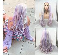 SERENEWIG Long Loose/Water Wave Synthetic Lace Front Wigs for Women Heat Resistant Fiber Hair Natural Hairline Daily Cosplay Party Use (Pastel Pink Purple Colorful)