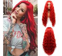SereneWig Mermaid Red Wig Long Water Wave Bright Red Synthetic Lace Front Wigs for Women Cosplay Halloween Party Wig Heat Resistant Hot Ruby Drag Queen Wigs 24Inches