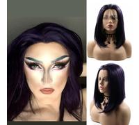 SERENEWIG Women's Black/Purple Mixed Short Straight Bob Wig 14" Natural Hairline NO Widow's Peak Synthetic Lace Front Cosplay Wig for Halloween Raven’s Costume Party Wear