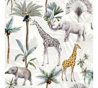 Serengeti Animal Print Multicoloured Wallpaper - Elephants, Giraffes, Toucan - Trees Jungle Palm Leaf - Feature Wall