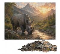 Serenity in The Wild Rhino Wooden Jigsaw Puzzle, Gift for Adults | A screen-free tabletop activity: steady puzzle progress in spare time.