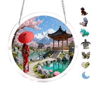 Serenity Japanese Garden with Cherry Blossoms Kimono Lady 7.8x7.8Inch Round Acrylic Puzzle Unique Shape Scenic Wall Art Home Decor Hanging Ornament Relaxing Brain Exercise