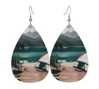 Serenity Lake Camping Printed Teardrop Leather Earrings, Fashion Water Drop Dangle Accessory for Holiday Party