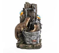 Serenity Otters and Kingfishers Garden Water Feature with LED Lights Rustic Tap Fountain with Buckets Outdoor Polyresin Ornament for Garden or Patio Mains Powered 63x38x30cm