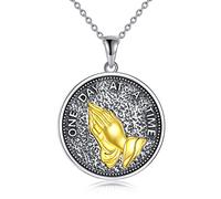 Serenity Prayer Necklace 925 Sterling Silver Praying Hands Coin Medal Pendant Necklaces Lords Prayer Bible Verse Courage Wisdom Religion Jewelry Gifts for Men Women