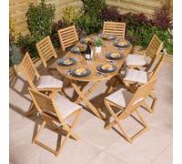 serenity wooden oval dining table with 8 chairs and cushions in natural