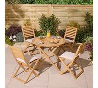 serenity wooden round dining table with 4 chairs and cushions in natural