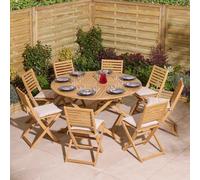 serenity wooden round dining table with 8 chairs and cushions in natural