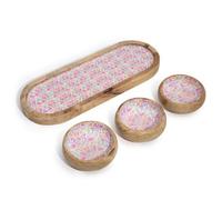 Serenityy Aw Dropship Uk Mango Wood Tray With 3 Bowls Set, Pretty Floral Design, Natural Wood And Pastel Finish, Rectangular - Pack Of 4