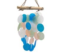 Serenityy Blue & Pearl Driftwood Cross Chime - Handmade Bali Capiz Shell Wind Chime, Indoor Outdoor Coastal Decor