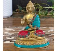 Serenityy Brass Buddha Figure - Blessing - 15Cm, Turquoise And Red, Solid Brass Decorative Figurine.