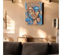 Serenityy Buddha Painting 75 X 55 Cm - Hand-Painted Bronze Canvas With Blue Flower Accent, Framed, Gloss Finish