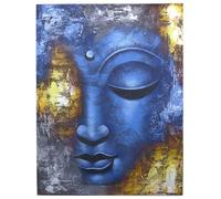 Serenityy Buddha Painting Blue Face Abstract - Handmade Balinese Canvas With Natural Wooden Frame, Ready To Hang, 80 X 60 Cm